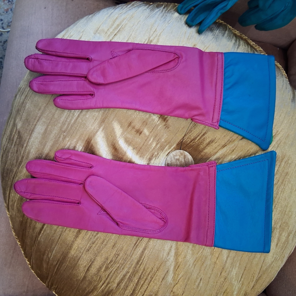 Pink and Teal Leather Gloves
